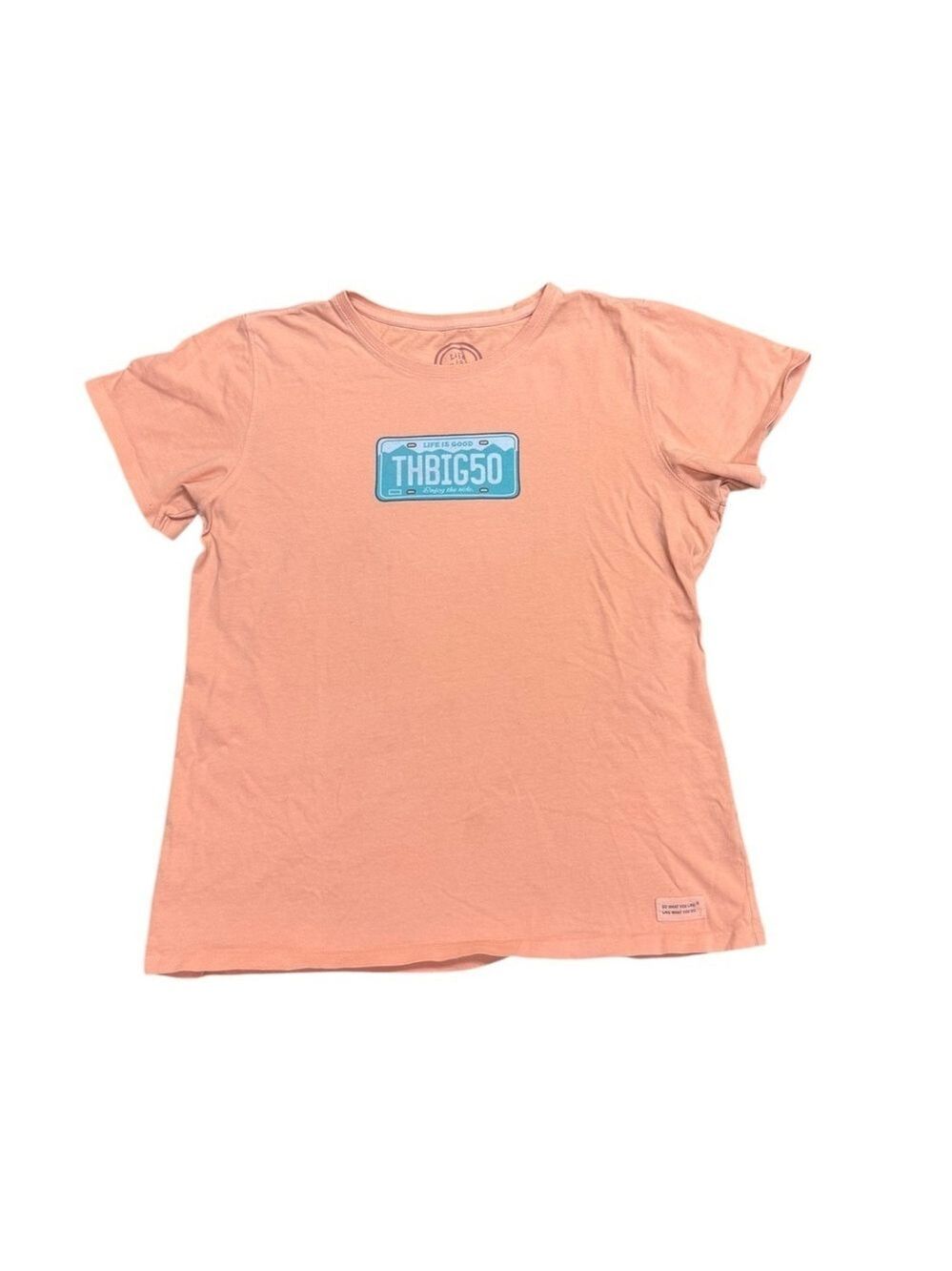 Life is Good "The Big 50" Tee, 50th Birthday, Peach Short Sleeve Tee, Large